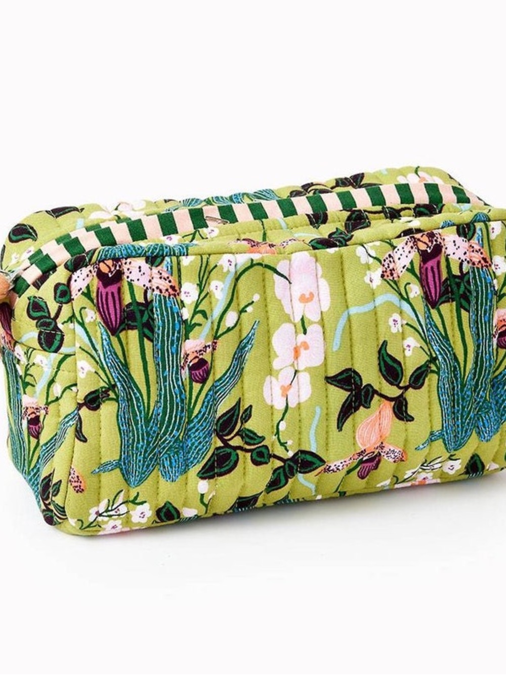 Paper Source Green Floral Quilted Cosmetic Pouch with Pink Trim